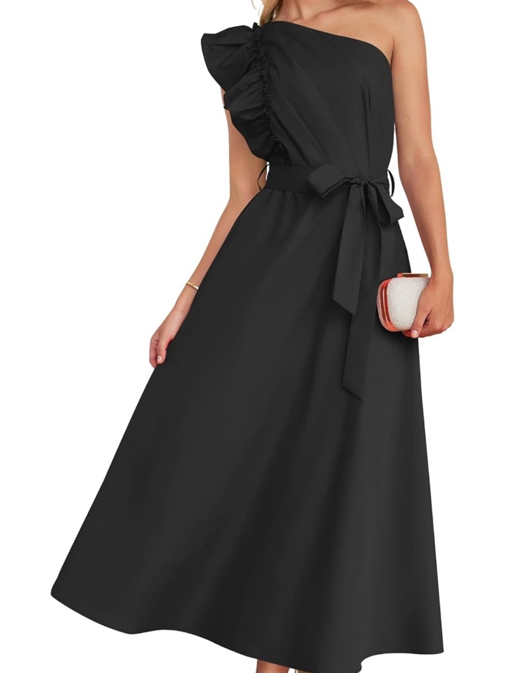 Black One-Shoulder Ruffle Tie-Waist Maxi Dress